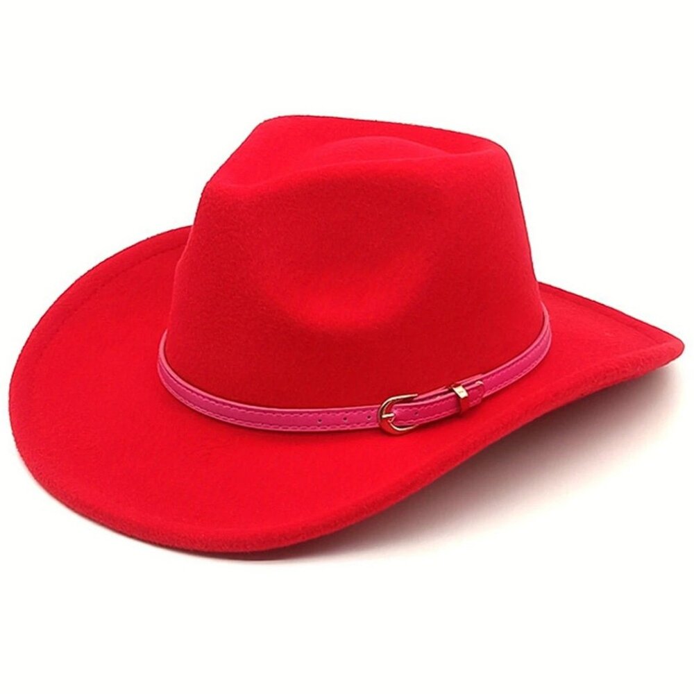 Red Cowboy Cowgirl Western Felt Hat with Pink Band Buckle, Rodeo Party Costume